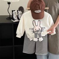 Children's Cartoon Rabbit Casual Suit 2023 Spring and Autumn New Korean Style Girls Sweater Striped Pants Two-piece Set Trendy  White