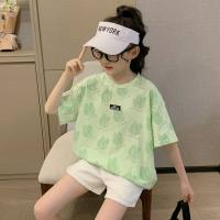 Girls T-shirt summer short-sleeved children's top half-sleeved loose 2023 new Korean style summer style big children's clothing trend  Green