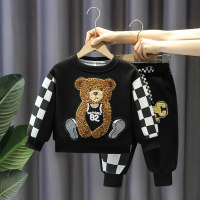 Top e pantaloni a maniche lunghe con cuciture a contrasto con orsetto casual autunnale per bambino in 2 pezzi  Nero