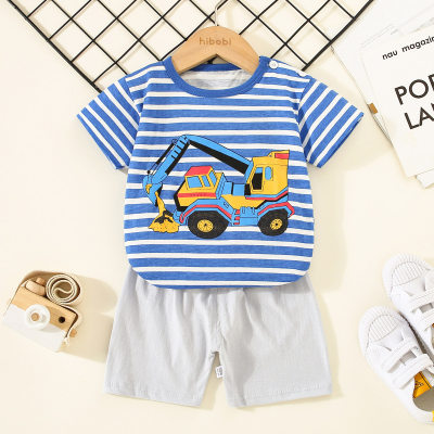 Hibobi Baby Boy Stripes and Excavator Two-piece Top and Pants