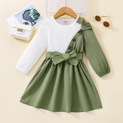 Toddler Color-block Bowknot Decor Long Sleeve Dress