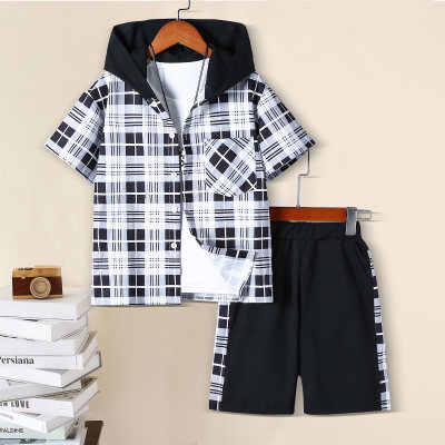 2-piece Kid Boy Plaid Patchwork Hooded Button-up Short Sleeve Shirt & Matching Shorts