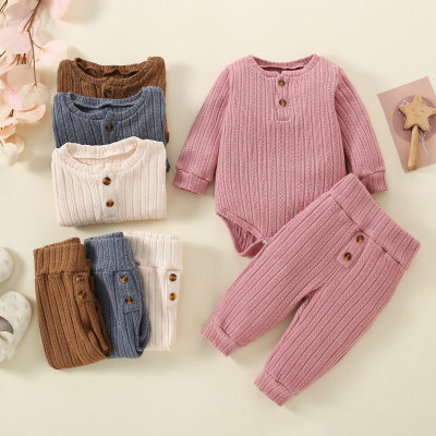 2-piece Baby Solid Color Ribbed Button Front Long Sleeve Knitted Romper & Matching Pants