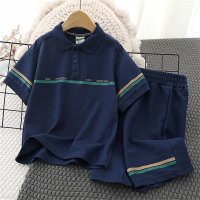 Children's short-sleeved T-shirt casual suit POLO shirt medium and large children's trendy shorts 2-piece set  Navy Blue