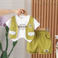 2024 Summer New Boys Vest Round Neck Short Sleeve Suit Boys Casual Shorts Two-piece Suit  Yellow