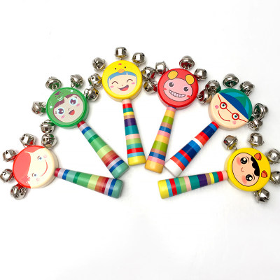 Children wooden smiling face cartoon hand bell baby early education teaching AIDS color random