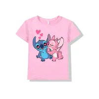 Lilo & Stitch Stitch Kinderkleidung mit Cartoon-Musterdruck für Kinder mittleren und älteren Alters, kurzärmeliges T-Shirt mit Rundhalsausschnitt  Rosa