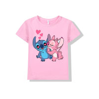 Lilo & Stitch Stitch cartoon pattern print children's clothing for middle and older children's round neck short-sleeved T-shirt  Pink