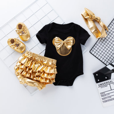 Baby Bow Decor Romper & Gold Shorts & Shoes With Hairband 4 Pcs