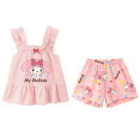 Cute and sweet little girl printed suspender bow pajamas  Pink