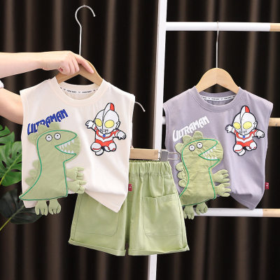 2023 new summer style boys' stylish baby cartoon Ultraman sleeveless short-sleeved cotton T-shirt handsome two-piece trendy set