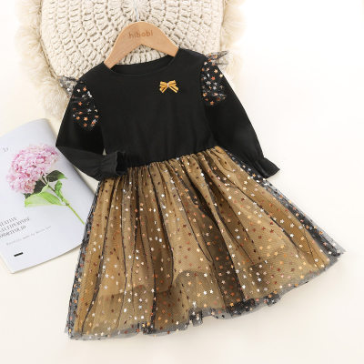 Toddler Girl Color-block Star Pattern Mesh Patchwork Bowknot Decor Long Sleeve Dress