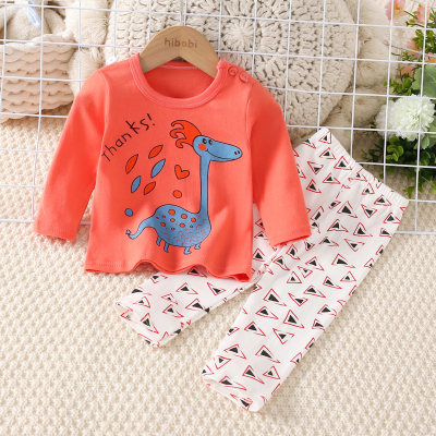 Conjunto de pijama de 2 piezas con estampado de letras y top de manga larga de algodón puro para niña pequeña y pantalones estampados por toda la prenda