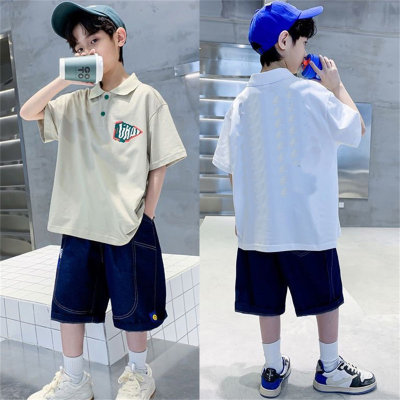 Children's English alphabet summer suit for middle and large boys short-sleeved jeans POLO shirt two-piece suit