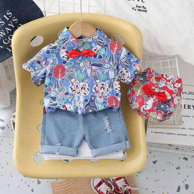 2024 summer new style boy bow tie flower shirt short-sleeved suit baby boy casual denim shorts two-piece suit trendy