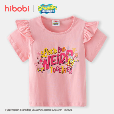 hibobi x SpongeBob Toddler Girl  Casual Cute Letter Print Round Collar Fly Sleeves T-shirt