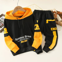 2-piece Kid Boy Color-block Letter Pattern Hoodie & Matching Pants  Yellow