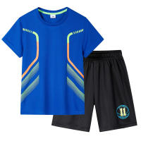 Terno infantil de verão para meninos, camiseta elástica de manga curta com secagem rápida ao ar livre, shorts elásticos, roupa esportiva  Azul