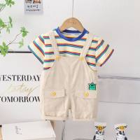 Boys striped short-sleeved overalls suit children's summer new style baby girl cartoon children's clothing boy clothes  Beige
