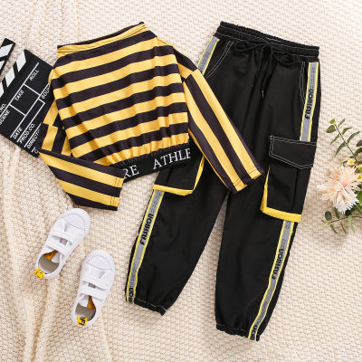 2-piece Kid Girl Striped Letter Printed Batwing Sleeve Top & Color-block Cargo Pants