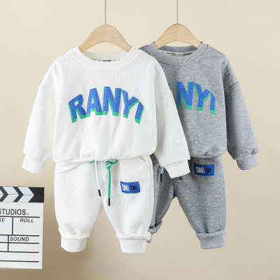 2-piece Toddler Boy Solid Color Letter Printed Long Sleeve Top & Letter Pattern Fixed Drawstring Pants
