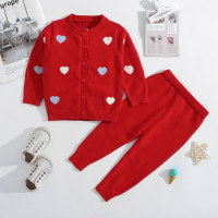 Baby Girl 2 Pieces Solid Color Heart-shaped Pattern Sweater Cardigan Set  Red
