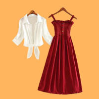 Conjunto de dos piezas de vestido ajustado con tirantes para estudiante, camisa de protección solar, cintura alta, nueva moda  rojo