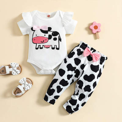 Body con patrón de vaca lechera para bebé niña Eid al-Adha y pantalones con lazo