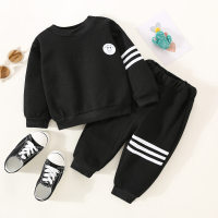 2-piece Toddler Boy Solid Color Stripe Printed Long Sleeve Top & Matching Pants  Black