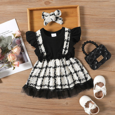 فستان صيفي لطفلة بأسلوب INS مع أكمام واسعة ومزيج من النقوش المختلفة، يتميز بحواف من الشبكة الناعمة والمزينة، ملابس أنيقة للفتاة الصغيرة.