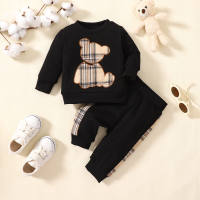 2-piece Baby Boy Plaid Bear Patchwork Long Sleeve Top & Plaid Patchwork Cropped Pants  Black