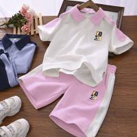Medium and large children's casual short-sleeved T-shirt POLO shirt all-match sports suit 2024 summer style boys color matching two-piece set  Pink