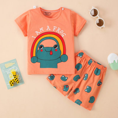 2-piece Toddler Girl Pure Cotton Frog and Rainbow Printed Short Sleeve T-shirt & Matching Shorts