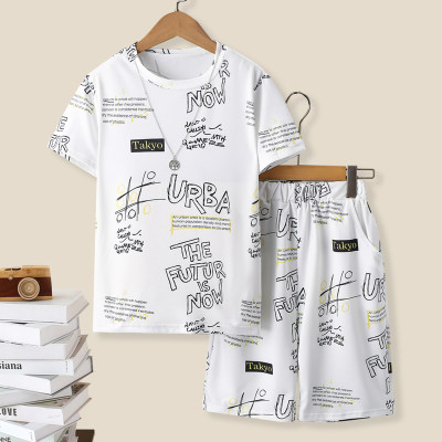 2-piece Kid Boy Allover Letter Printed Short Sleeve T-shirt & Matching Shorts