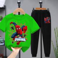 Ropa para niños Spider-Man, pantalones de manga corta, dos piezas, primavera y verano, nuevos trajes para niños, trajes para niños mayores, ropa para niños guapos, trajes de moda  Verde