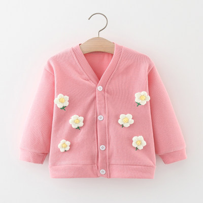 Toddler Girl 100% Cotton Solid Color 3D Flower Decor Button-up V-neck Cardigan
