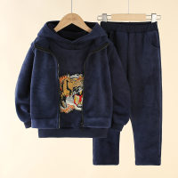 3-piece Kid Boy Tiger Printed Extra Thick Hoodie & Solid Color Jacket & Pants  Navy Blue