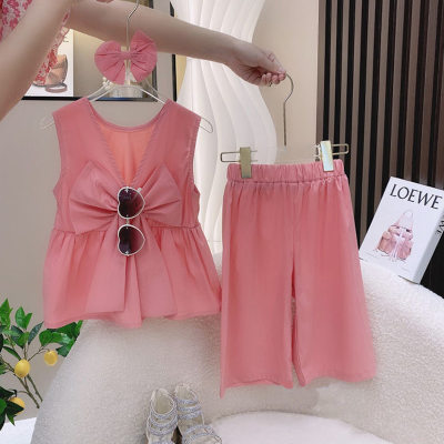 Girls Suit 2024 New Korean Style Fashionable Bow Solid Color Clothes Baby Trendy Children's Two-piece Set