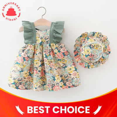 Toddler Girl Floral Pattern Fly Sleeve Dress & Hat