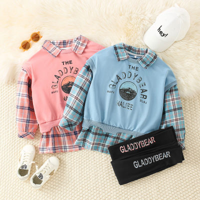 2-piece Kid Girl 2 in 1 Plaid Patchwork Letter Pattern Long Sleeve Top & Letter Pattern Cropped Pants
