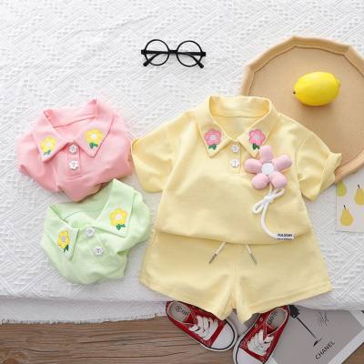 New summer girls' small flower lapel short-sleeved suit baby girl casual shorts two-piece suit