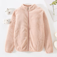 Toddler Girl Solid Color Stand Up Collar Zip-up Fleece-lined Plush Jacket  Pink