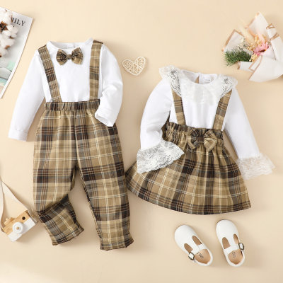 Brother and Sister Plaid Bowtie Decor Long Sleeve T-shirt & Plaid Dungarees & Plaid Patchwork Lace Spliced Long Sleeve Dress