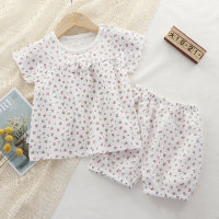 Girls summer short-sleeved suit printed gauze baby girl new pajamas comfortable, cute and breathable girl two-piece set  White