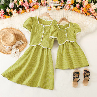 Sweet Solid Color Short Sleeve Dress Sets for Mom and Me
