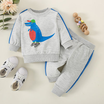 2-piece Baby Boy Color-block Patchwork Dinosaur Printed Sweatshirt & Matching Pants
