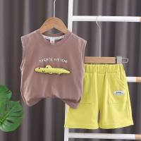 New summer children's clothing dinosaur vest two-piece set  Coffee