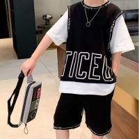 Boys summer sportswear suit 2024 new children's summer short-sleeved street-worthy handsome and fashionable trendy clothes for medium and large children  Black