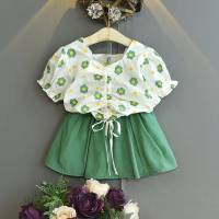 بدلة بناتي صيفية بنمط جديد مطبوعة بأكمام قصيرة وتنورة قصيرة عصرية مكونة من قطعتين  أخضر