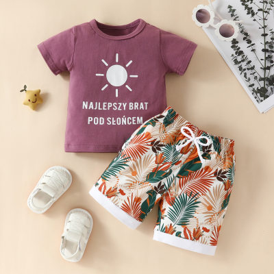 Amazon grenzüberschreitender Säuglingsjungen-Kurzarm-T-Shirt mit Buchstabendruck, Shorts mit Blattblumendruck, europäischer und amerikanischer Anzug